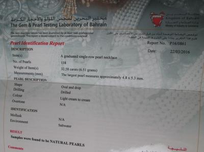 Certificate - 32ct Basra Pearl Necklace with Oval and Drop Pearls