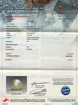 4.92 carat Natural Basra Persian Gulf Pearl Undrilled - Certificate