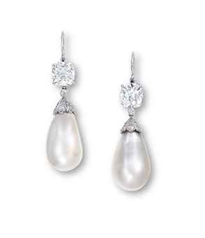 A Pair of Natural Pearl & Diamond Earrings for sale at Christie's Auction