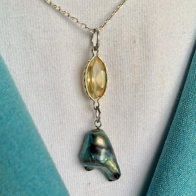 Abalone Pearl with Citrine on Sterling Necklace 