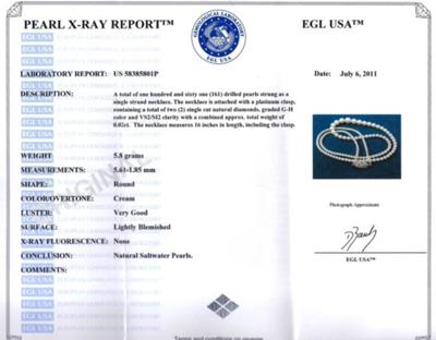 Certificate for Natural Saltwater Pearl Necklace