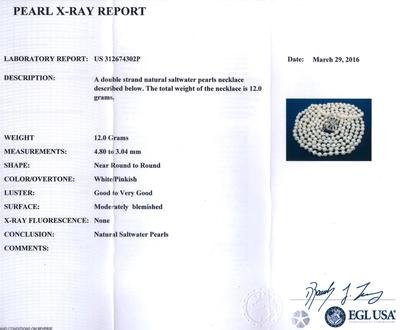 Certificate - Antique Edwardian Double Strand Natural Pearl Necklace, 9K Gold Diamond Clasp