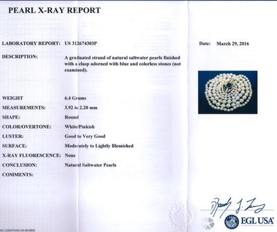 Certificate - Antique Edwardian Natural Pearl Necklace, Blue Tourmaline Diamond Clasp