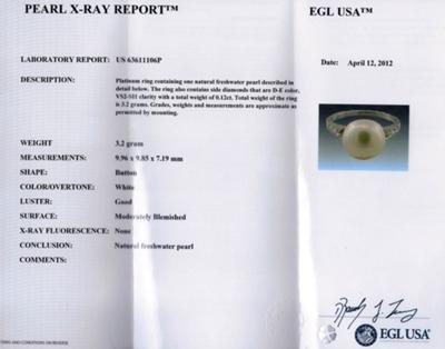 Certificate for Freshwater Pearl Platinum Diamond Ring