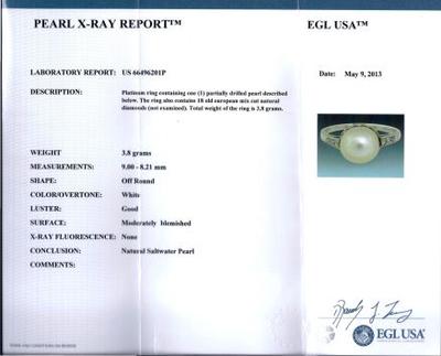 Cert - Antique Natural Pearl Platinum & Diamond Ring