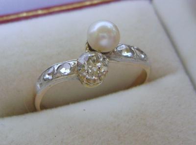 14k pearl ring gold saltwater diamond antique natural silver