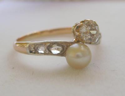 Antique Natural Saltwater Pearl Diamond 14K Gold & Silver Ring