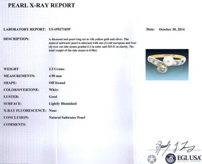 Certificate - Antique Natural Saltwater Pearl Diamond 14K Gold & Silver Ring