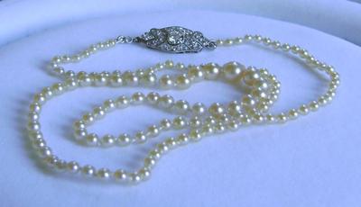 Antique Natural Saltwater Pearl Necklace, Large Platinum Diamond Clasp