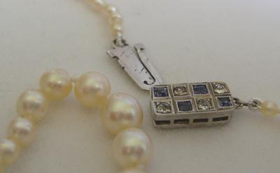 Antique Natural Saltwater Pearl Necklace, Platinum Diamond Sapphire Clasp
