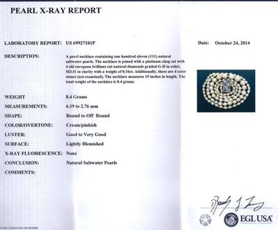 Certificate Antique Natural Saltwater Pearl Necklace, Platinum Diamond Sapphire Clasp