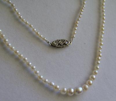 Antique Natural Saltwater White Pearl Necklace, 18K Diamond Clasp