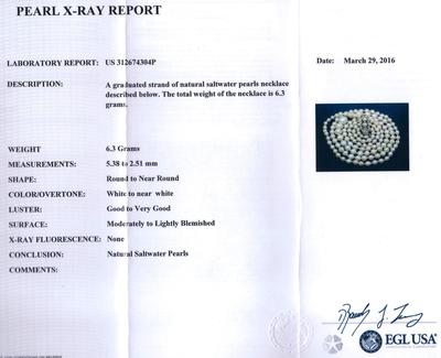 Certificate - Antique Natural Saltwater White Pearl Necklace, 18K Diamond Clasp