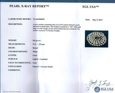 Cert - Antique Necklace--White, Round Natural Pearls!  44 carats