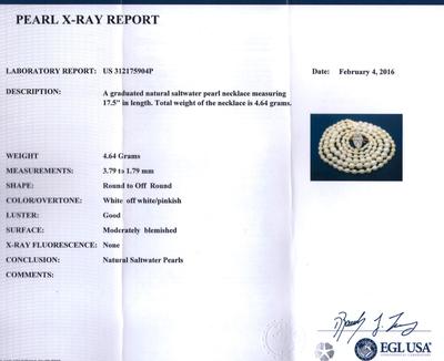 Certificate - Antique White Natural Saltwater Pearl Necklace, Platinum Clasp