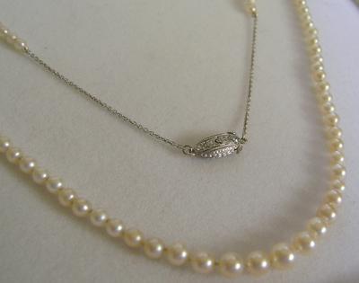 Antique White Natural Saltwater Pearl Necklace, Platinum Diamond Clasp
