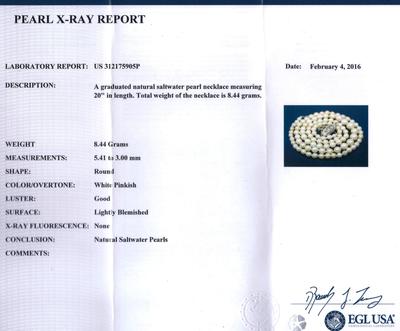 Certificate - Antique White Natural Saltwater Pearl Necklace, Platinum Diamond Clasp