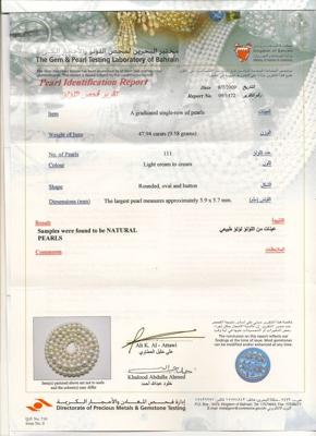 Certificate for Natural Pearl Necklace
