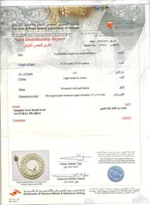 Bahrain Pearl Lab certificate for natural Basra pearl necklace