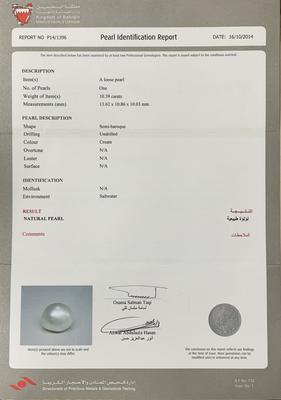Basra Natural Pearl 10.39 Carat 13mm