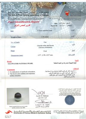 Basra Pearl 2.36 carats Certificate