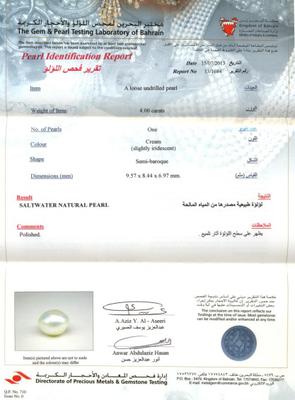 Basra Natural Pearl 4 carats Certificate