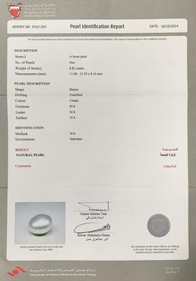 Basra Natural Pearl 8.82 Carat Button High Luster 12mm