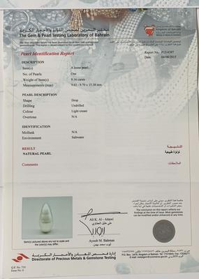 Basra Natural Pearl 9.16 Carat Drop Shape 15mm