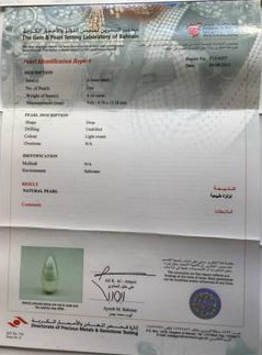 Certificate of Basra Pearl 9.16 Carat 54.69 Chaw