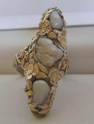 BIG Antique Natural Freshwater Pearl Silver & 14K Gold Ring; Arts & Crafts ca. 1905
