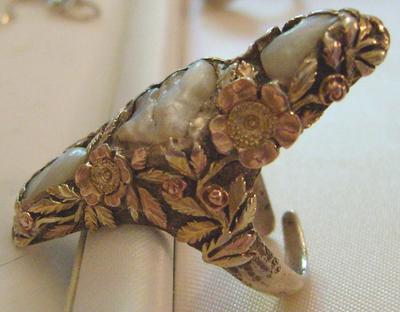 BIG Antique Natural Freshwater Pearl Silver & 14K Gold Ring; Arts & Crafts ca. 1905
