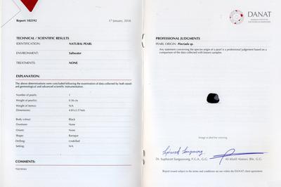 Certificate: Black Natural Pearl Pendant on 18 carat Gold