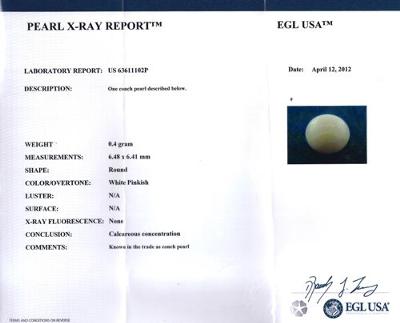 Certificate for  Natural Round Conch Pearl, 2ct 