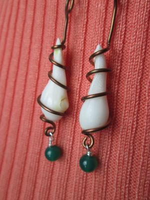 Clam Pearl Earrings on Copper with Green Stones