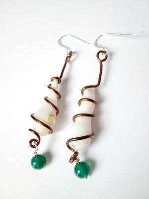 Clam Pearl Earrings on Copper with Green Stones