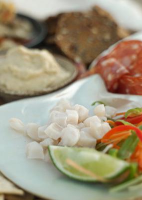 Cygnet Bay’s pearl meat ceviche often comes with lime, mango, and passionfruit, or coconut, lime, and cucumber. COURTESY OF CYGNET BAY