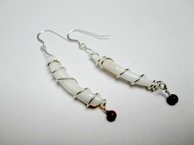 Long Clam Pearl Earrings on Sterling with Red Stones 36+mm 
