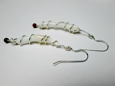 Long Clam Pearl Earrings on Sterling with Red Stones 36+mm 