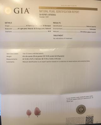 Certificate  Lot of 2 Beautiful Pearls 21+ct Light Pink /Orangy Pink