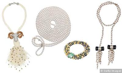 Chopard’s ‘ram’ necklace; Mikimoto’s 100-inch strand of pearls; Faraone Mennella’s Aspasia necklace; a Mise en Dior necklace. 