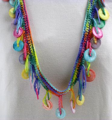 Muscatine Button Necklace Crocheted on Colorful Wool