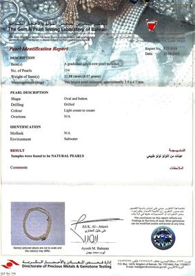 Certificate - Natura Arabian Gulf Pearl Necklace Strand 32 carats 