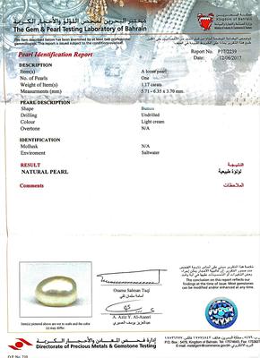 Certificate Natural 1.17 carat Basra Pearl Pendant on 18k Gold