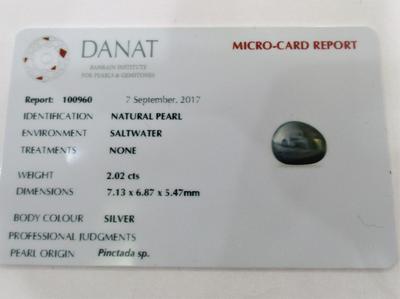 Certificate Natural 2.02 carat Basra Pearl Silver Colored 7mm on 18k Gold