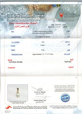 Natural 3 carat Basra Pearl Pendant with Diamond Certificate