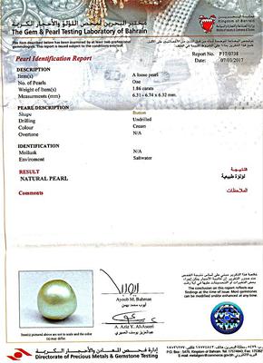Certificate Natural 6mm Basra Pearl 1.86 carats Pendant on 18k Gold