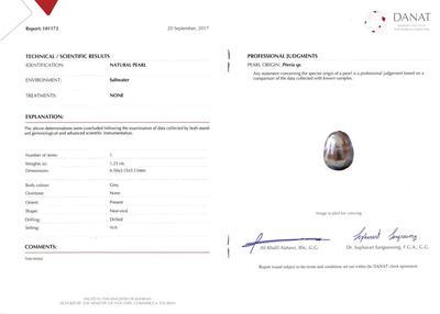 Certificate - Natural Arabian Gulf Pearl on a 18k White Gold Chain 1+ carats