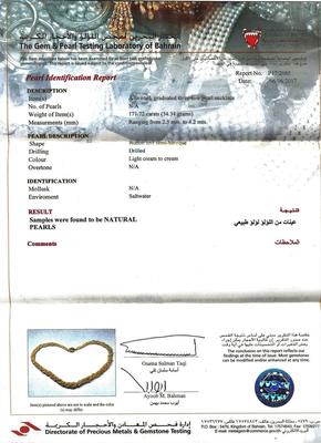 Certificate - Natural Arabian Gulf Twisted Pearl Necklace 171 carats