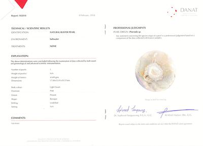 Certificate - Natural Basra Blister Pearl Attached to a Shell Pendant