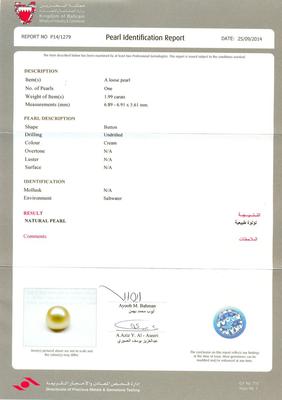 Certificate - Natural Basra Pearl - 1.99 carat